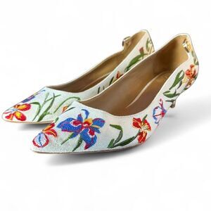 Tory Burch Elizabeth white embroidered floral kitten heel pumps Size 8